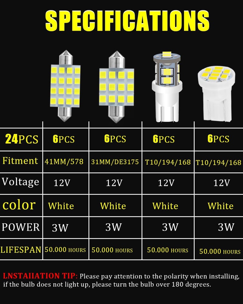 LEDYOTRY 24 Pieces Car interior led lights Dome Light Kit Set, Super Bright White T10 194 578 41mm DE3175 31mm LED Bulb Replacement for Car Indoor Map License Plate Door Side Marker Trunk Light - Image 2